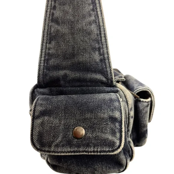 Y2K Denim Shoulder Bag Blue Faded Zip Top Multi Pocket Medium Retro 90s - Picture 3 of 7